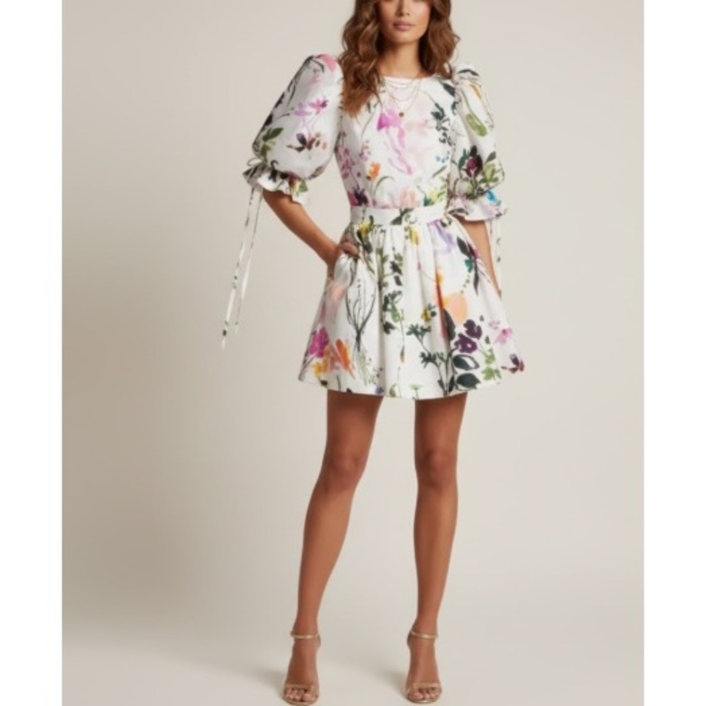 Aje Drift Floral Print Puff Sleeve Mini Dress‎ Open Back Cotton US XS / AU 6